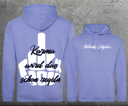 Felpa con cappuccio unisex FuckYou Karma (bianca/nera) con stampa sul retro