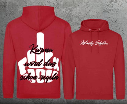 Felpa con cappuccio unisex FuckYou Karma (bianca/nera) con stampa sul retro