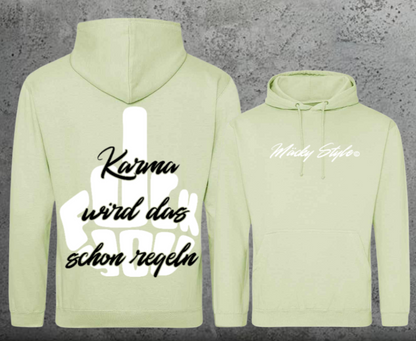 Felpa con cappuccio unisex FuckYou Karma (bianca/nera) con stampa sul retro