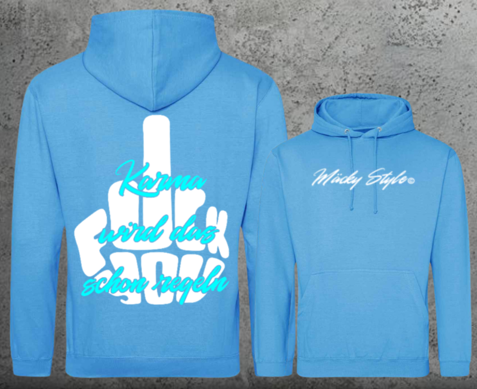 FuckYou Karma (Weiss/Türkis) Hoodie Unisex Backprint