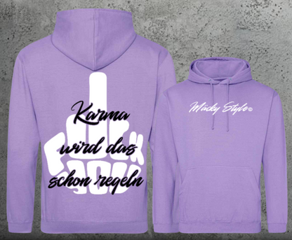 Felpa con cappuccio unisex FuckYou Karma (bianca/nera) con stampa sul retro
