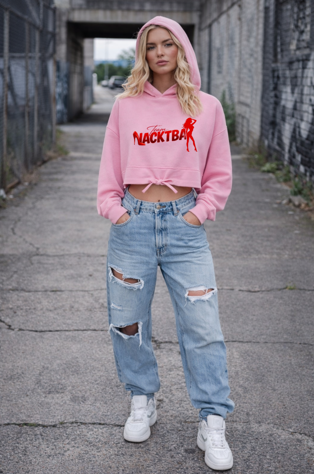 Felpa con cappuccio oversize corta con motivo dito medio da donna