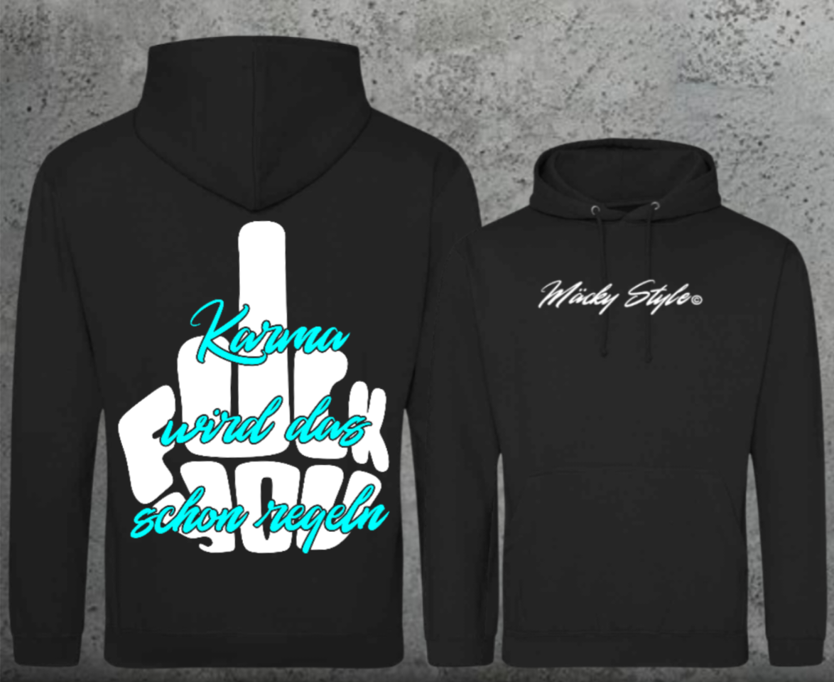 FuckYou Karma (Weiss/Türkis) Hoodie Unisex Backprint
