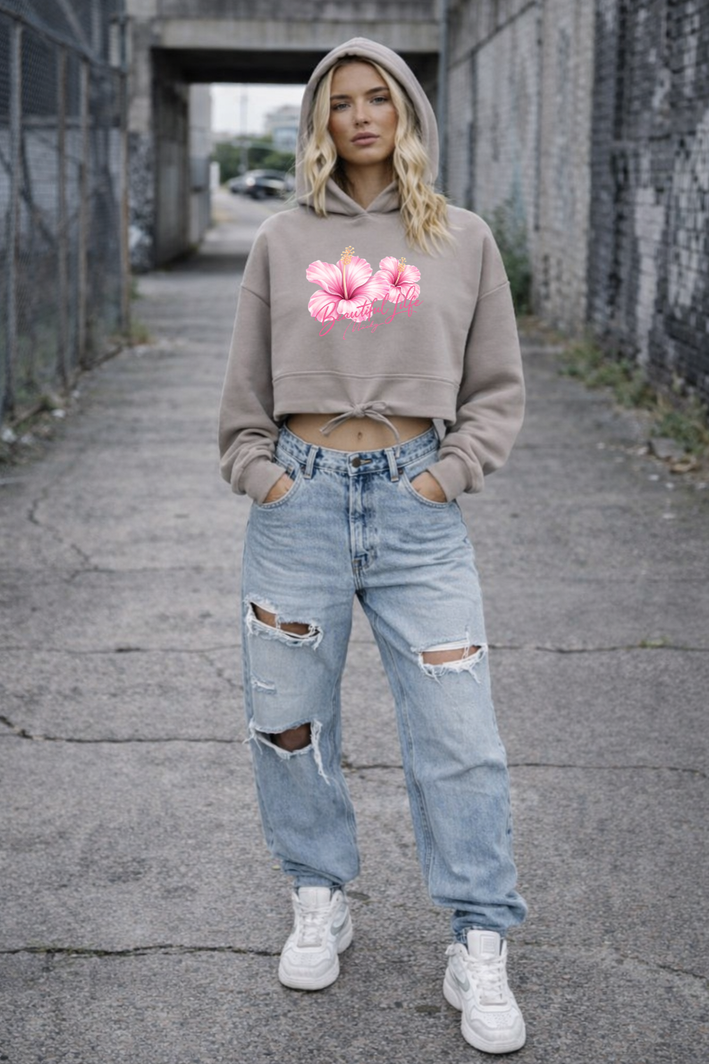 Beautiful Life Cropped Oversize Hoodie Woman