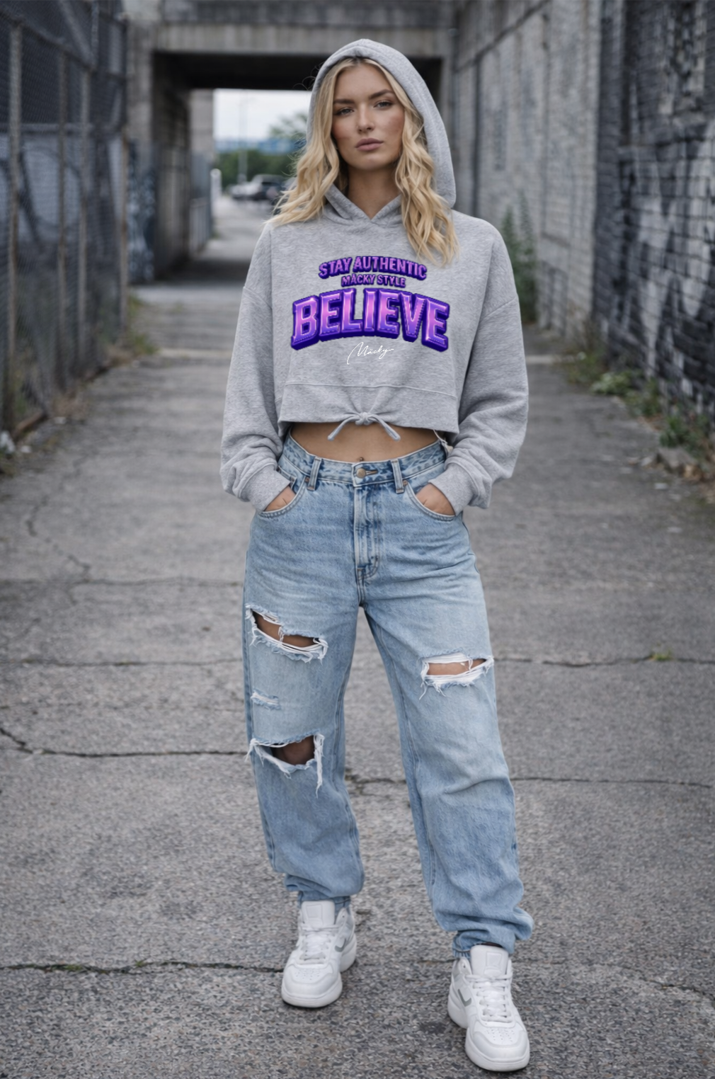 Stay Authentic Cropped Oversize Hoodie Woman