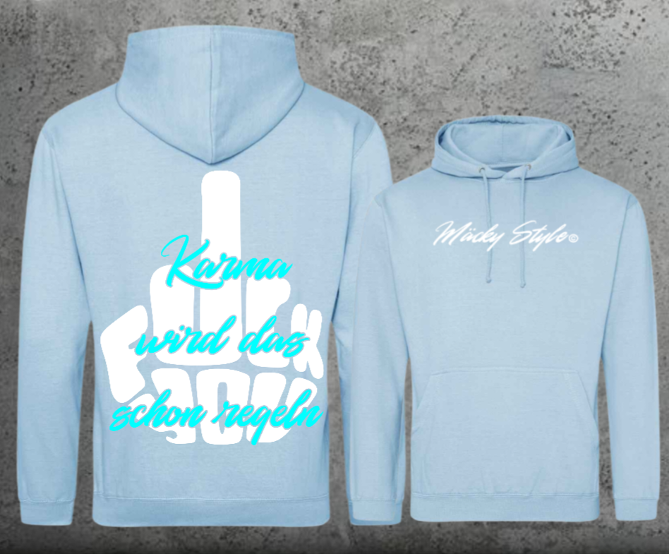 FuckYou Karma (Weiss/Türkis) Hoodie Unisex Backprint