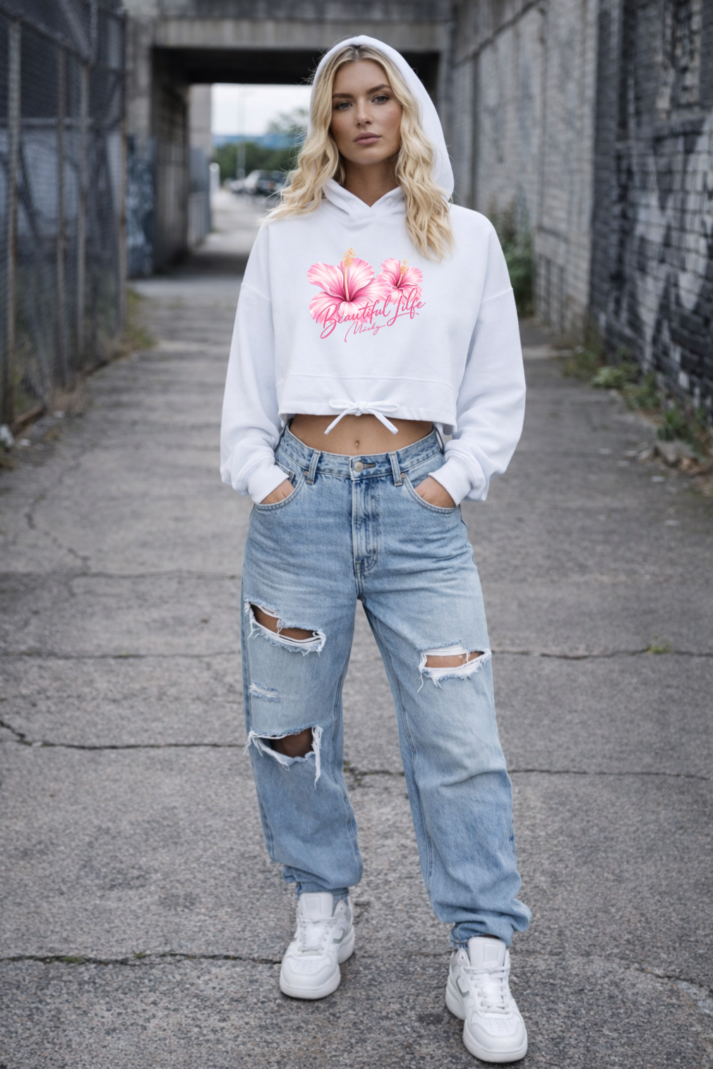 Beautiful Life Cropped Oversize Hoodie Woman