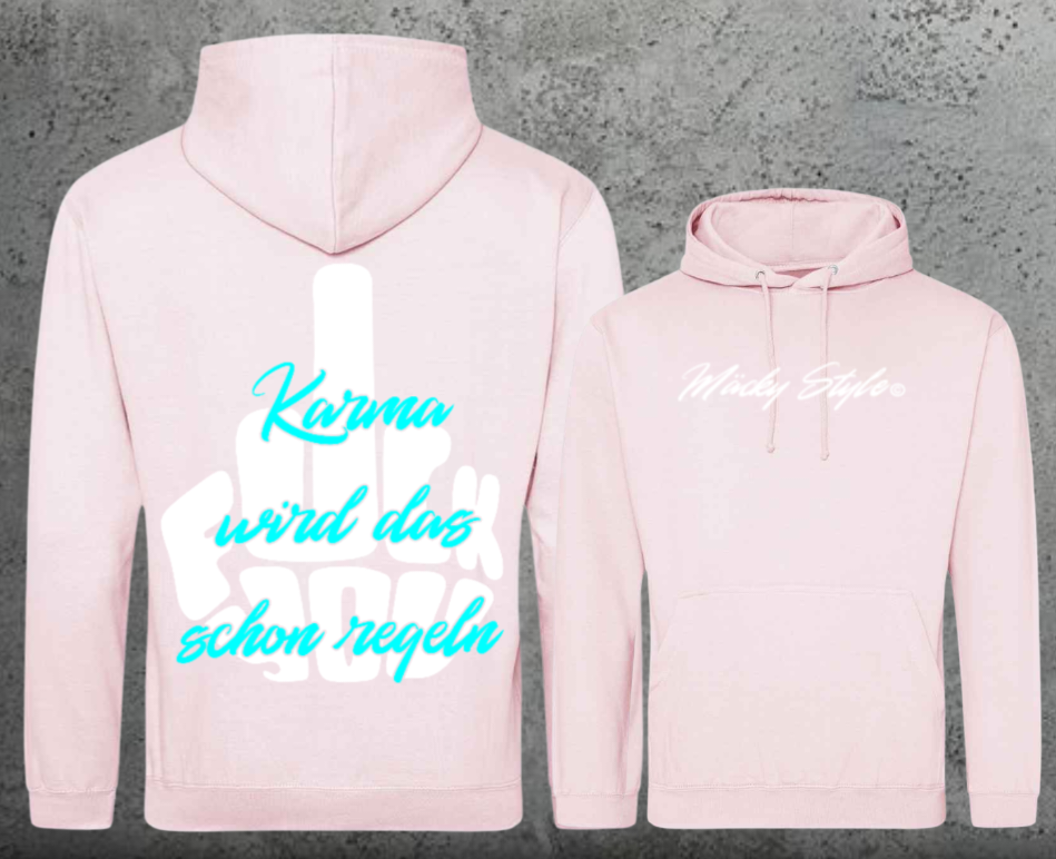FuckYou Karma (Weiss/Türkis) Hoodie Unisex Backprint