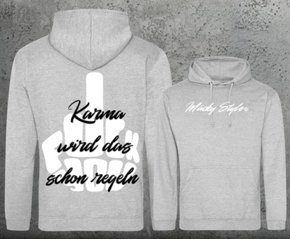 Felpa con cappuccio unisex FuckYou Karma (bianca/nera) con stampa sul retro