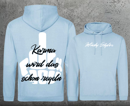 Felpa con cappuccio unisex FuckYou Karma (bianca/nera) con stampa sul retro
