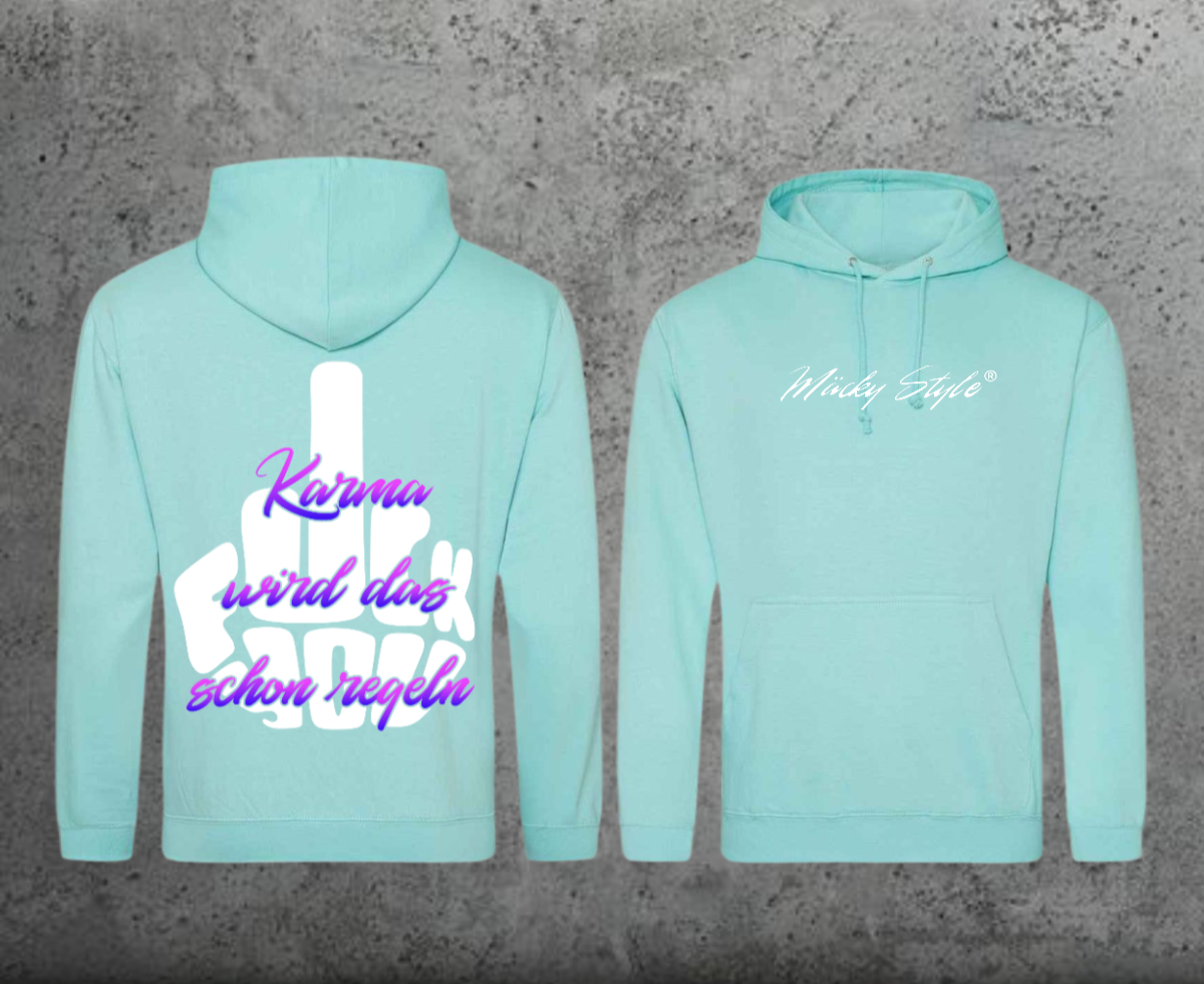 Felpa con cappuccio FuckYou Karma (nera/colorata) unisex con stampa posteriore