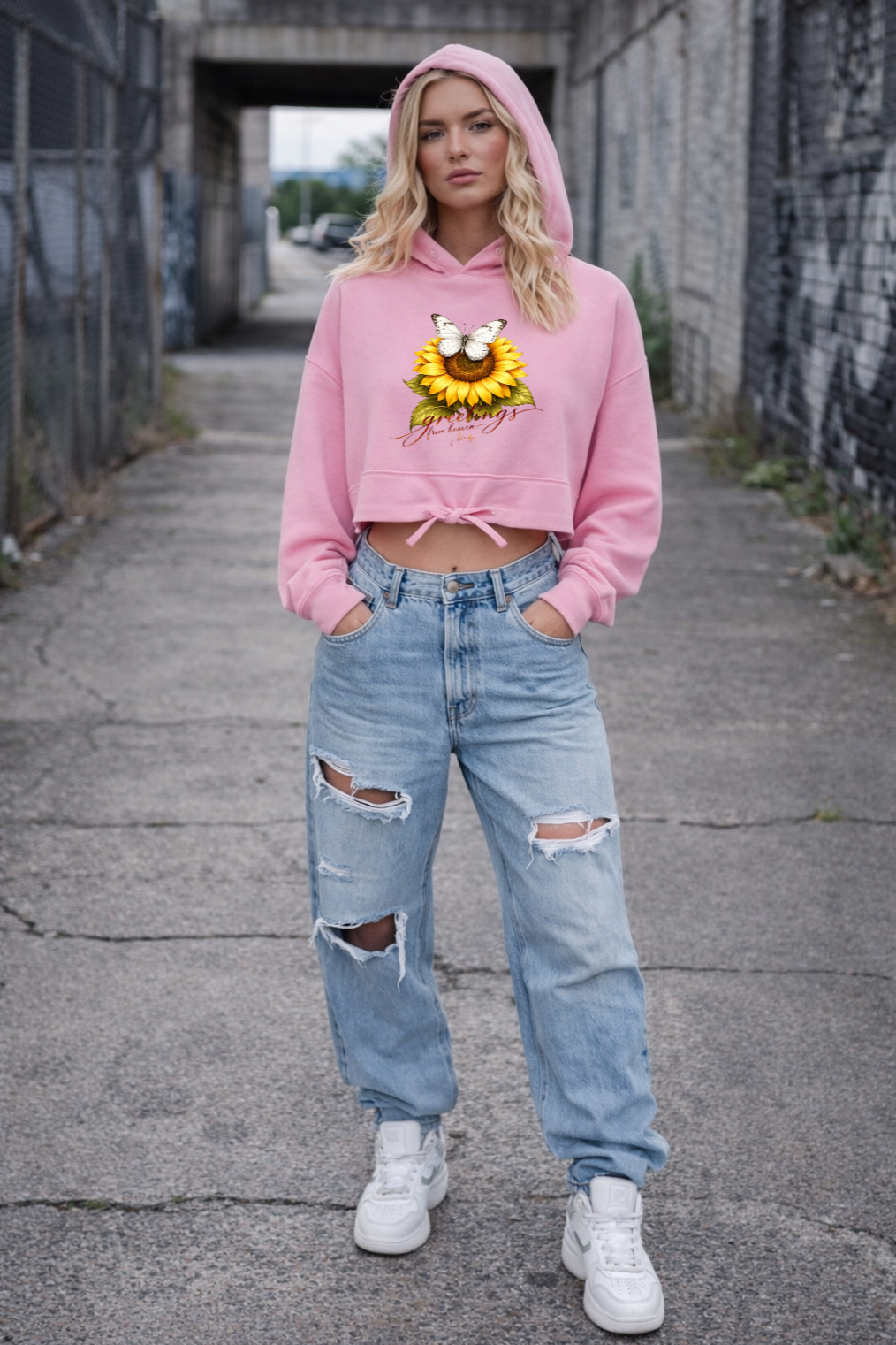 Felpa con cappuccio oversize corta con motivo dito medio da donna