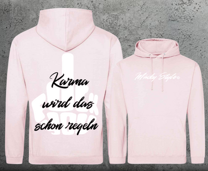 Felpa con cappuccio unisex FuckYou Karma (bianca/nera) con stampa sul retro