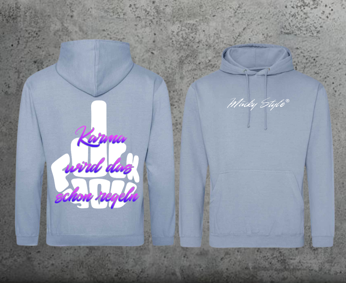 Felpa con cappuccio FuckYou Karma (nera/colorata) unisex con stampa posteriore