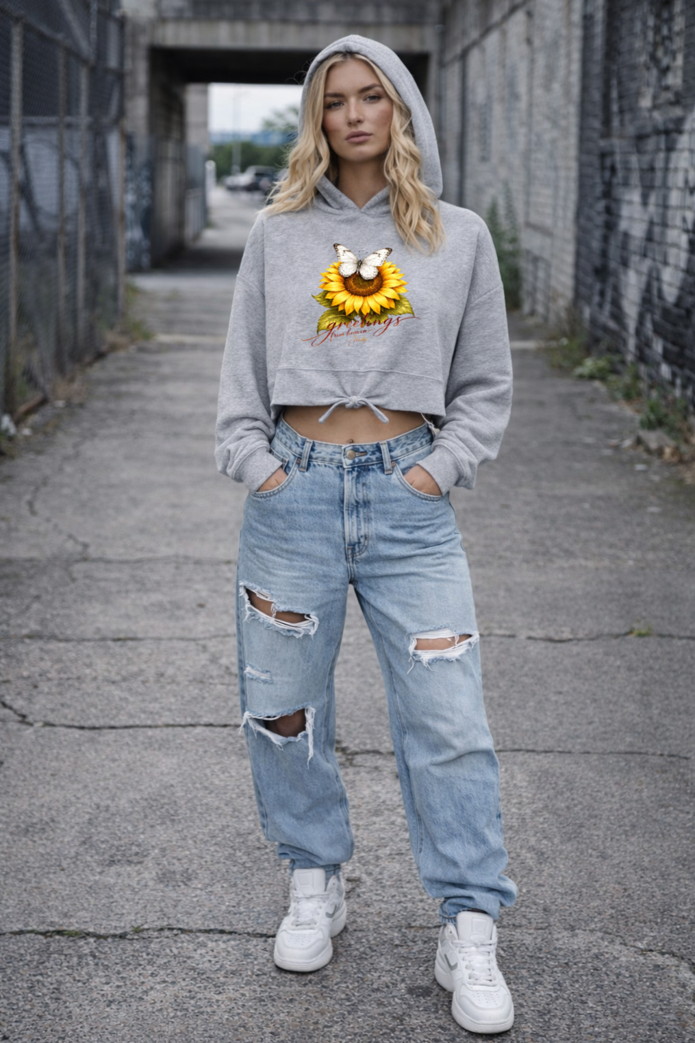 Felpa con cappuccio oversize corta con motivo dito medio da donna