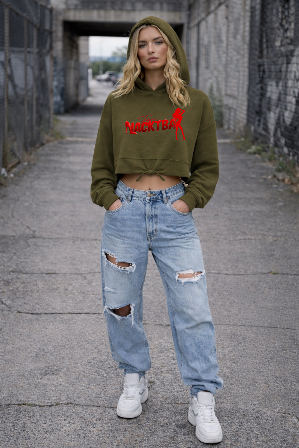 Felpa con cappuccio oversize corta con motivo dito medio da donna