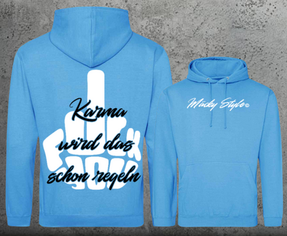 Felpa con cappuccio unisex FuckYou Karma (bianca/nera) con stampa sul retro
