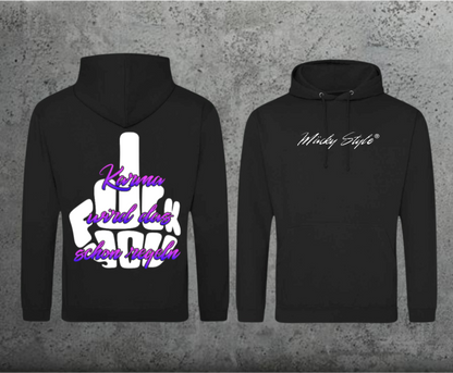 Felpa con cappuccio FuckYou Karma (nera/colorata) unisex con stampa posteriore