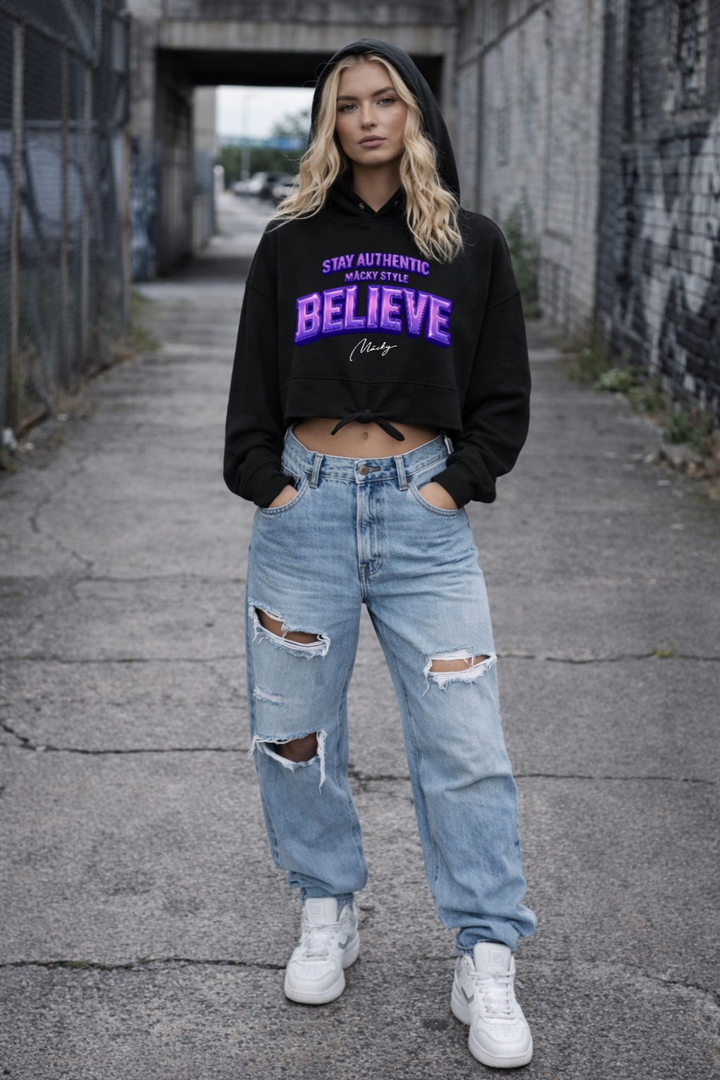 Stay Authentic Cropped Oversize Hoodie Woman