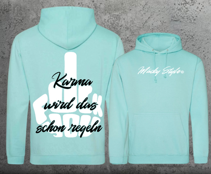 Felpa con cappuccio unisex FuckYou Karma (bianca/nera) con stampa sul retro
