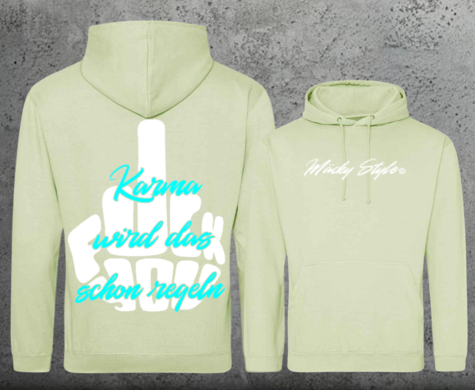 FuckYou Karma (Weiss/Türkis) Hoodie Unisex Backprint